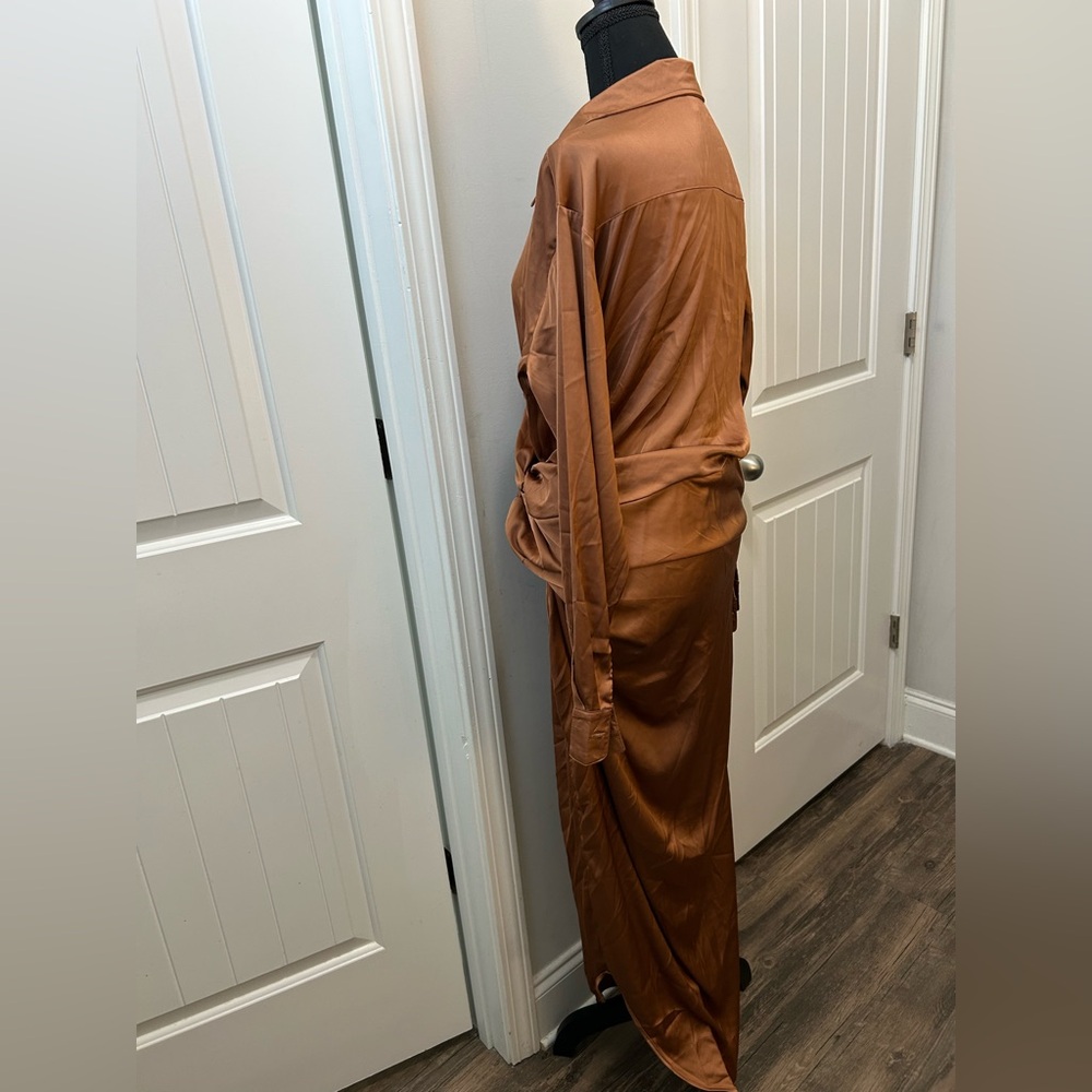Fashion Nova Copper Wrap Long Sleeve Button Down Satin Dress - Picture 6 of 8